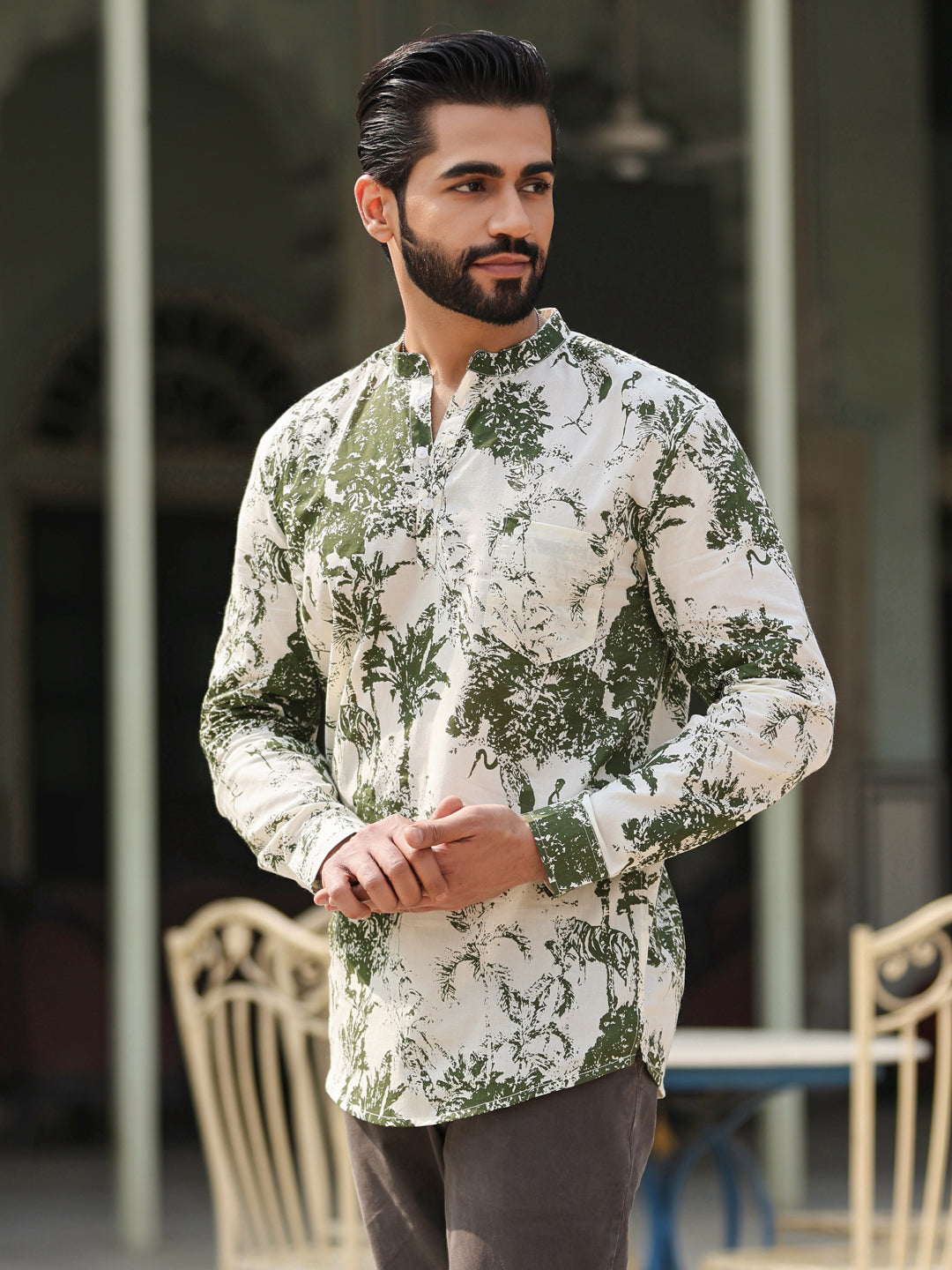 Men's Floral Pure Cotton Brown Printed Kurta