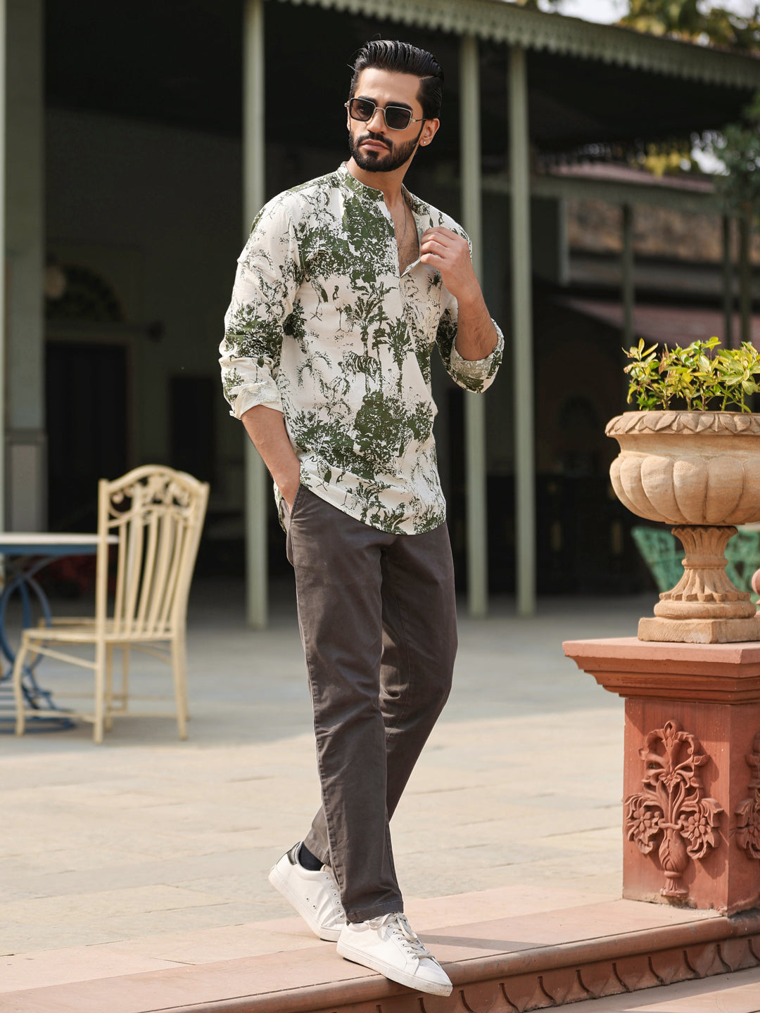 Men's Floral Pure Cotton Brown Printed Kurta