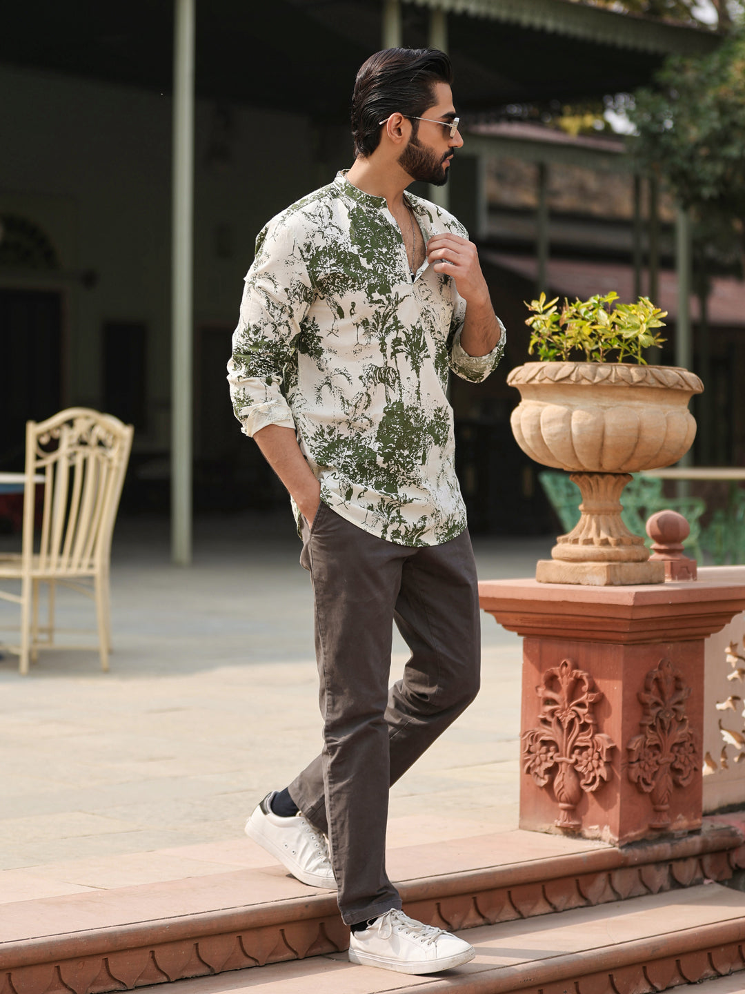 Men's Floral Pure Cotton Brown Printed Kurta