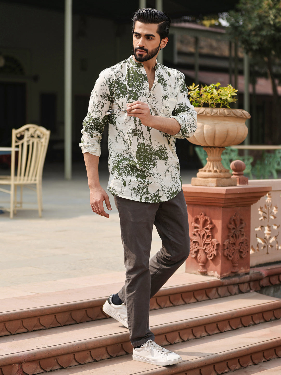 Men's Floral Pure Cotton Brown Printed Kurta