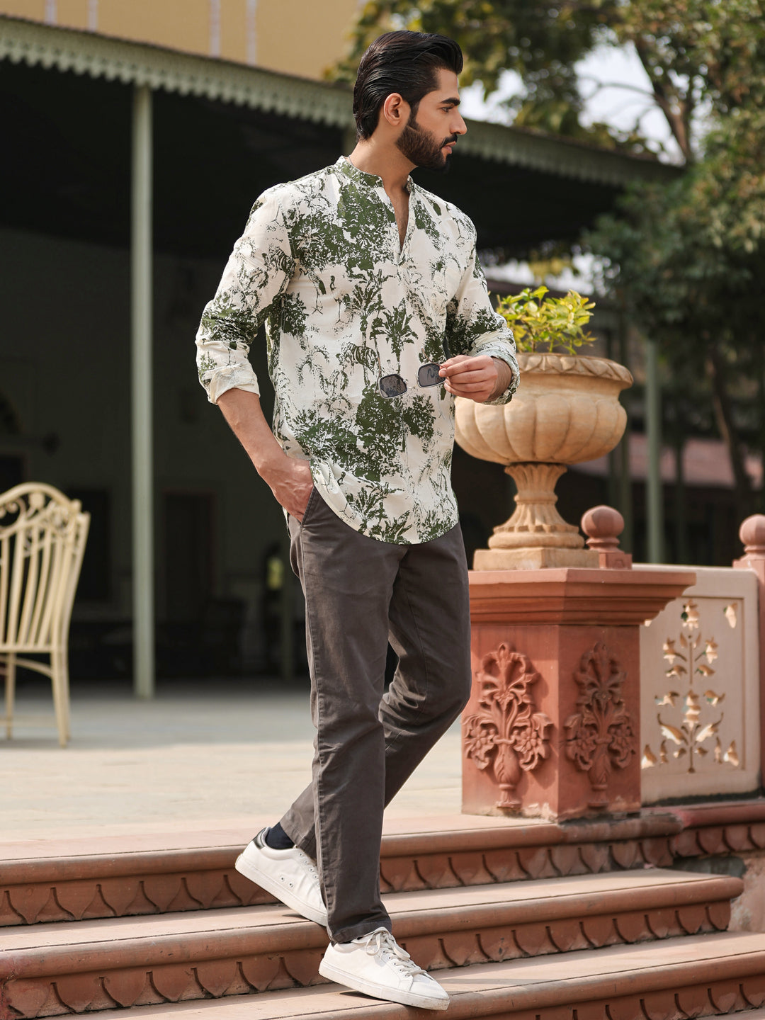 Men's Floral Pure Cotton Brown Printed Kurta