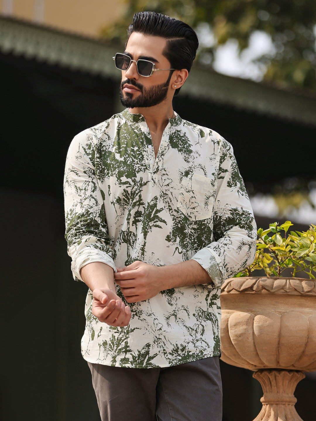 Men's Floral Pure Cotton Brown Printed Kurta