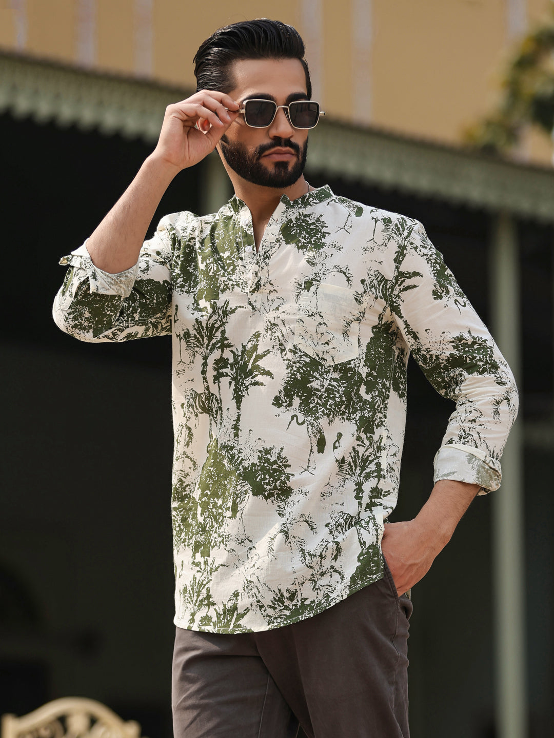 Men's Floral Pure Cotton Brown Printed Kurta