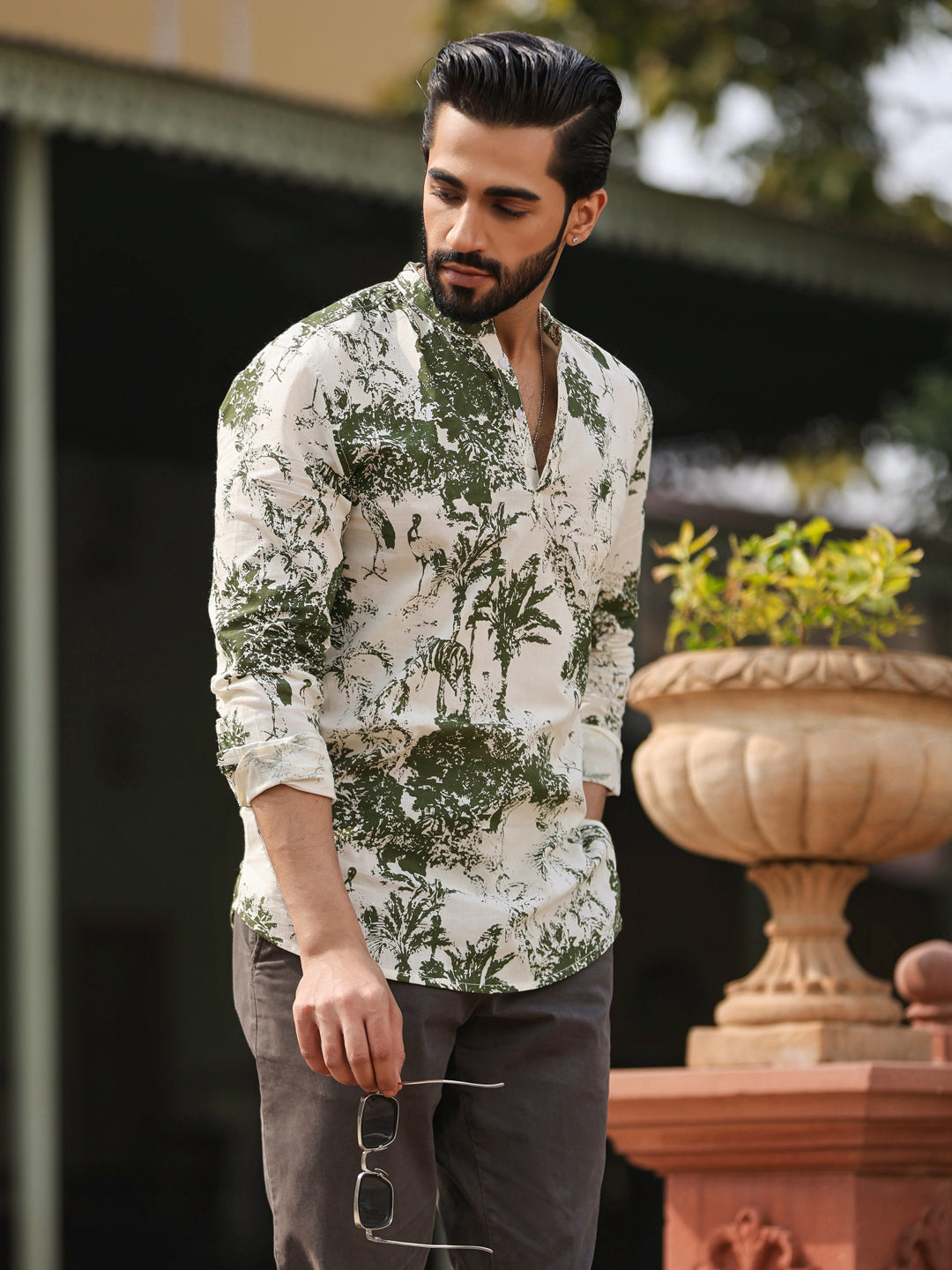 Men's Floral Pure Cotton Brown Printed Kurta