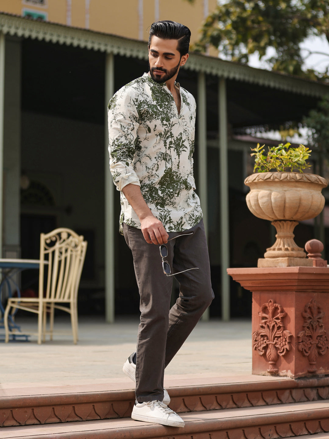 Men's Floral Pure Cotton Brown Printed Kurta