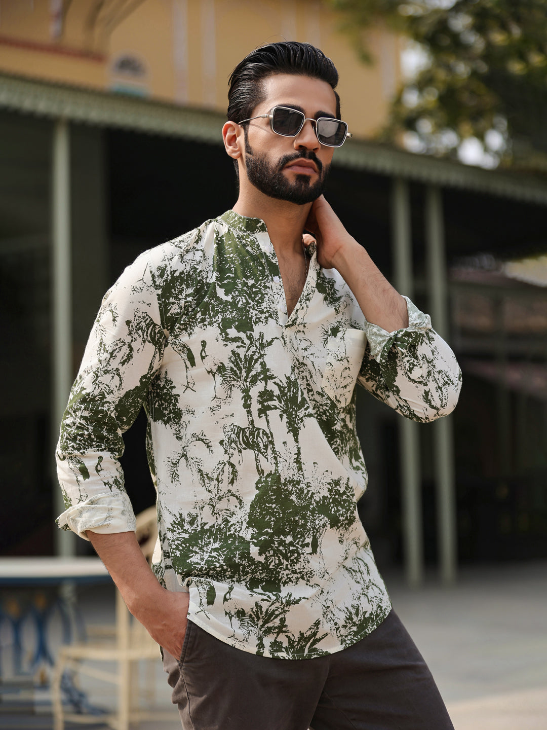 Men's Floral Pure Cotton Brown Printed Kurta
