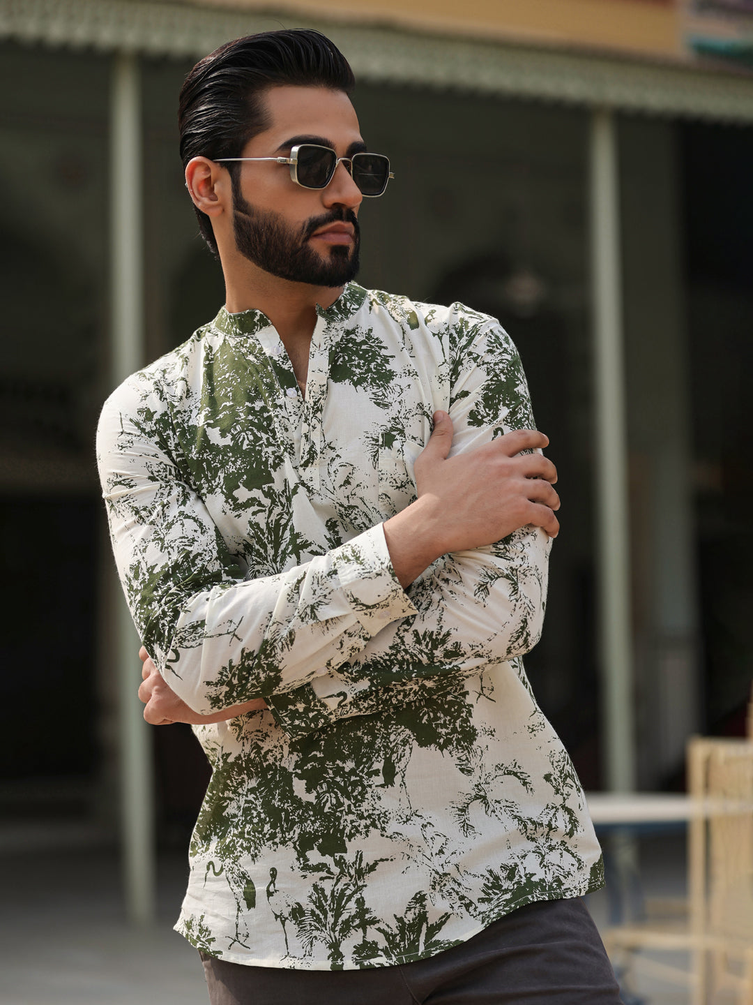Men's Floral Pure Cotton Brown Printed Kurta