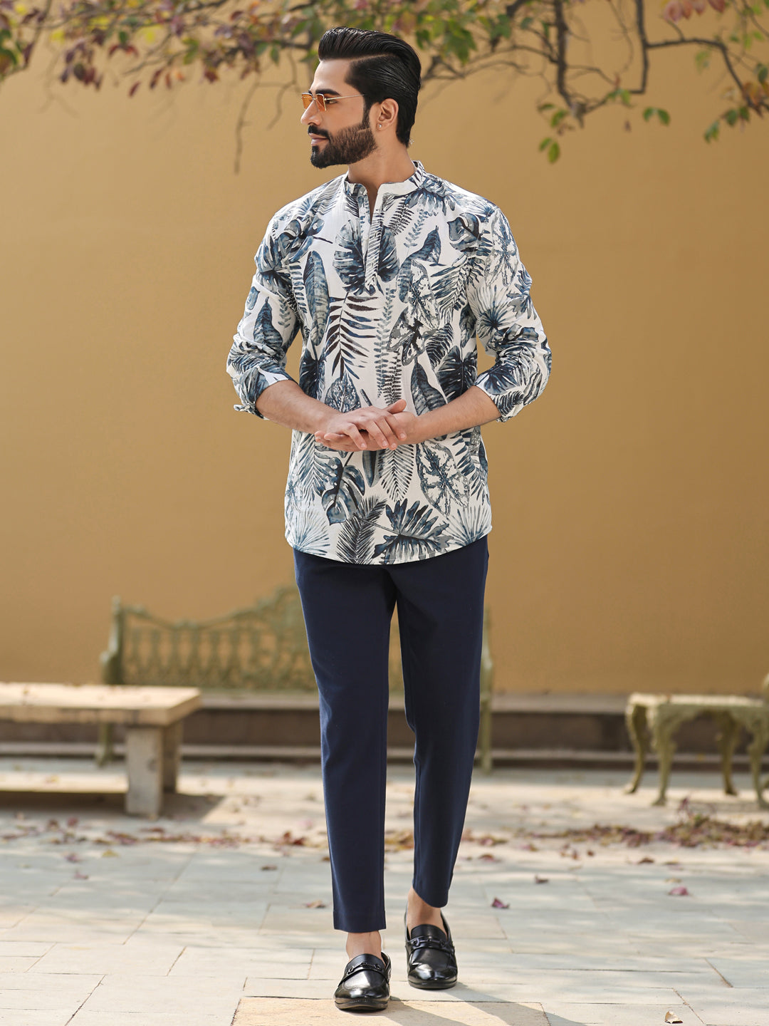 Men's Floral Pure Cotton Grey Printed Kurta
