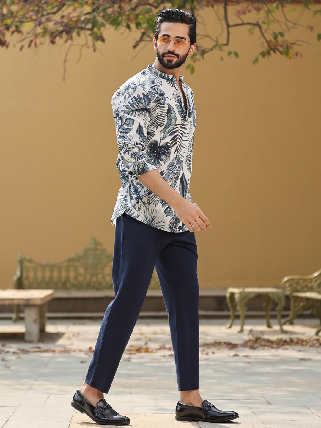 Men's Floral Pure Cotton Grey Printed Kurta