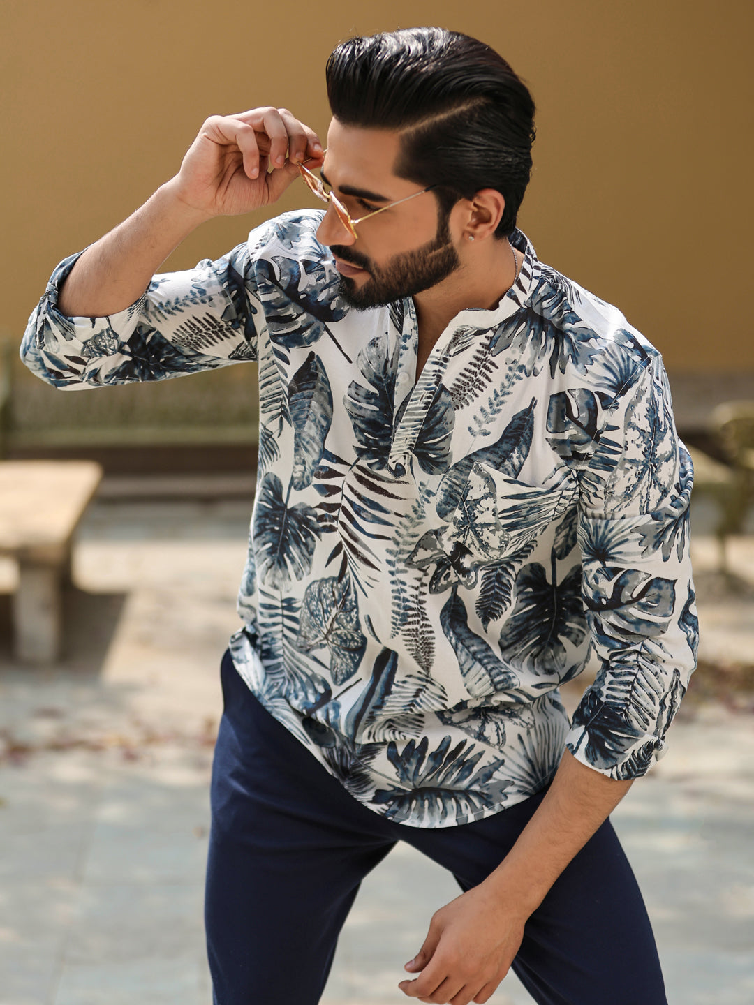 Men's Floral Pure Cotton Grey Printed Kurta