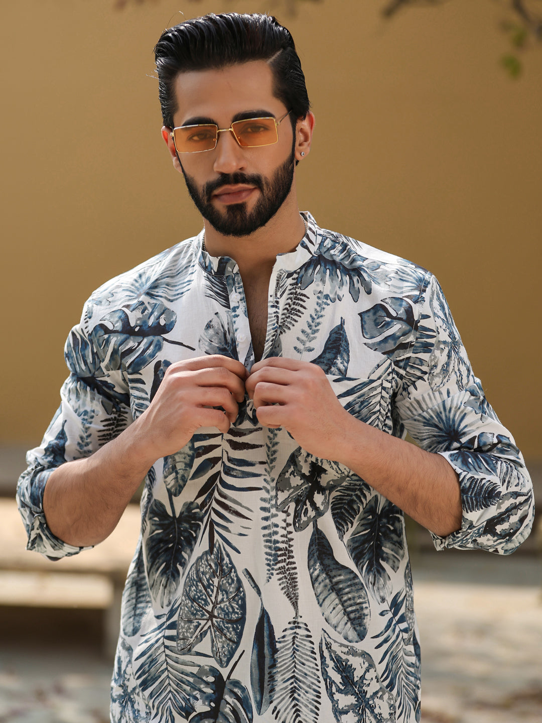 Men's Floral Pure Cotton Grey Printed Kurta