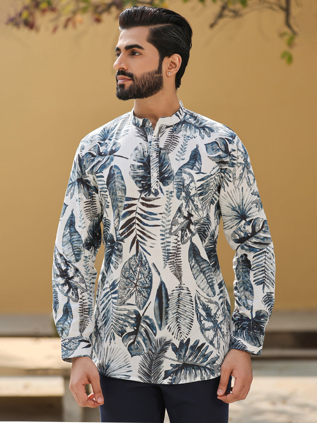 Men's Floral Pure Cotton Grey Printed Kurta