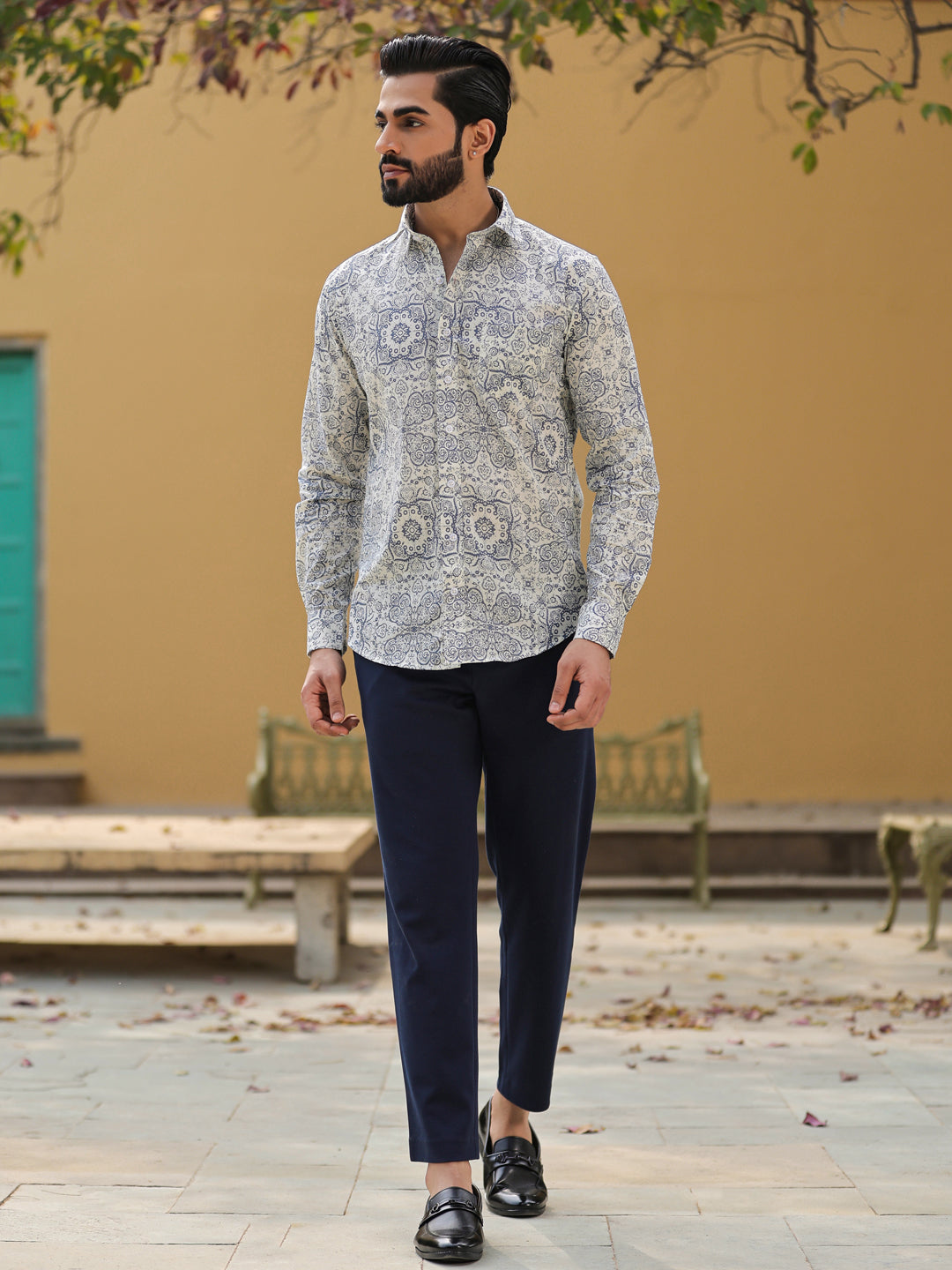 Men's Ethnic Print Pure Cotton Grey Casual Shirt
