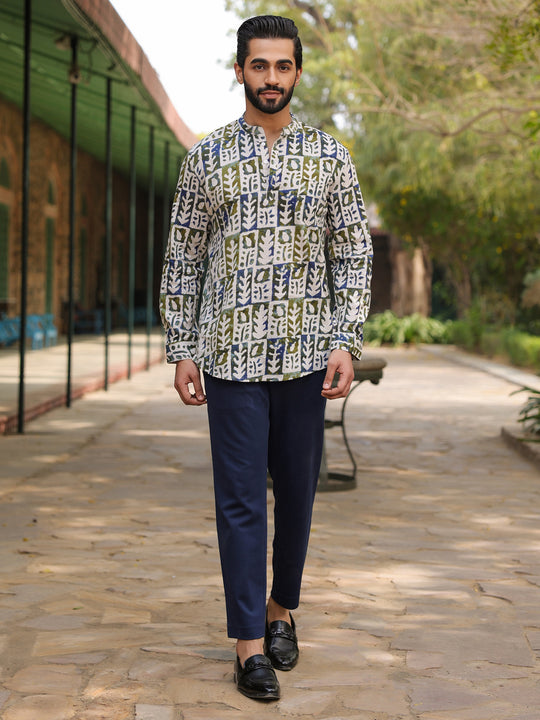 Men's Ethnic Motifs Pure Cotton Navy Blue Printed Kurta