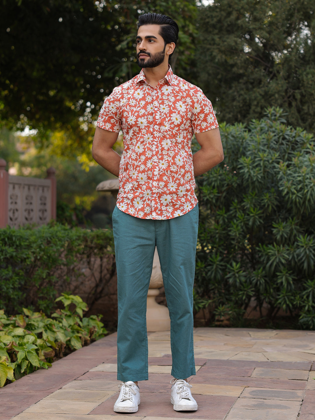 Men's Floral Print Pure Cotton Orange Casual Shirt