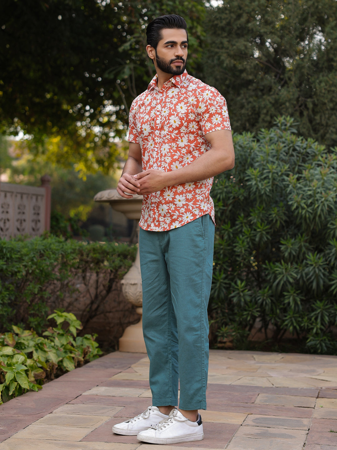 Men's Floral Print Pure Cotton Orange Casual Shirt