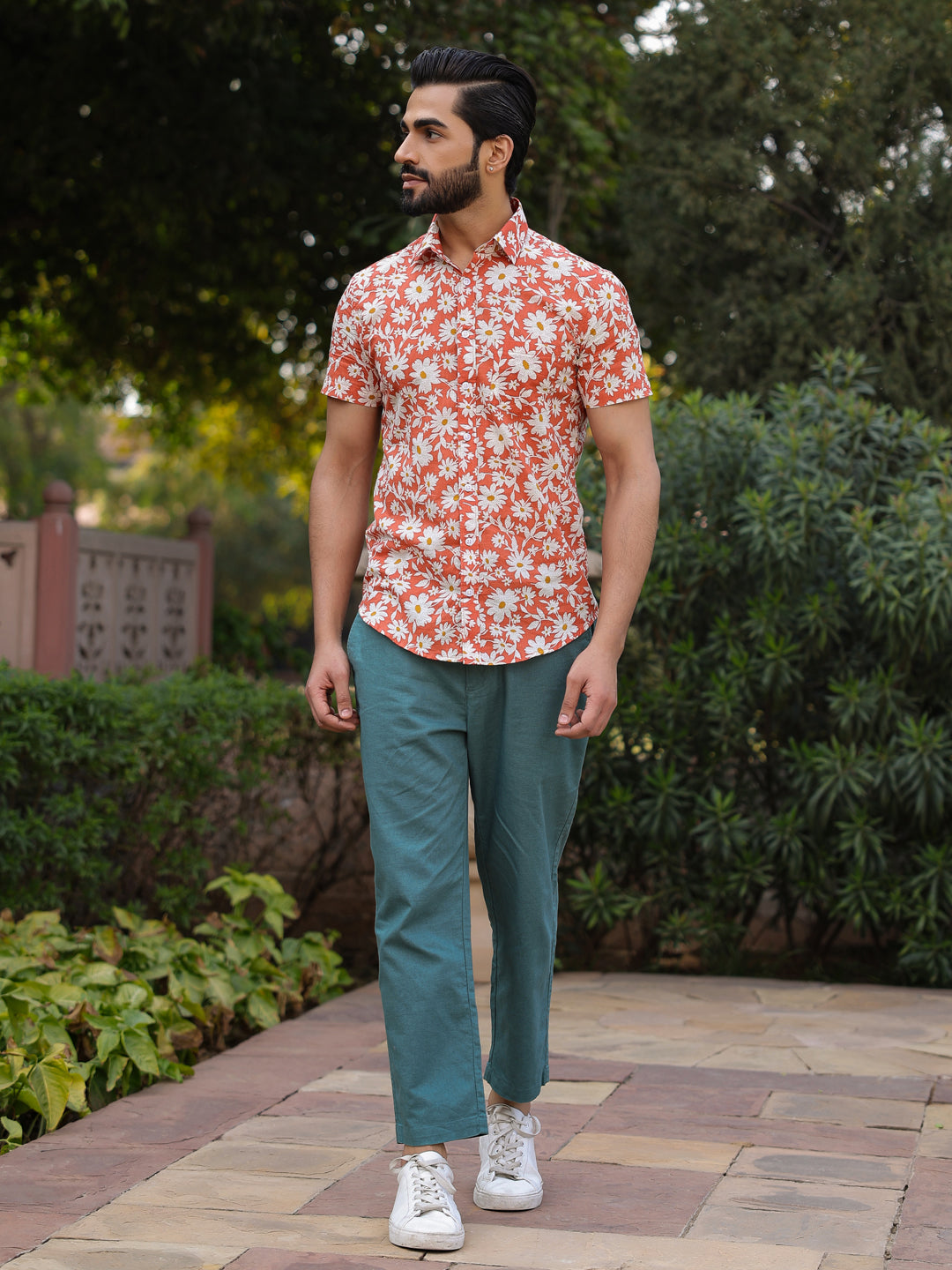 Men's Floral Print Pure Cotton Orange Casual Shirt
