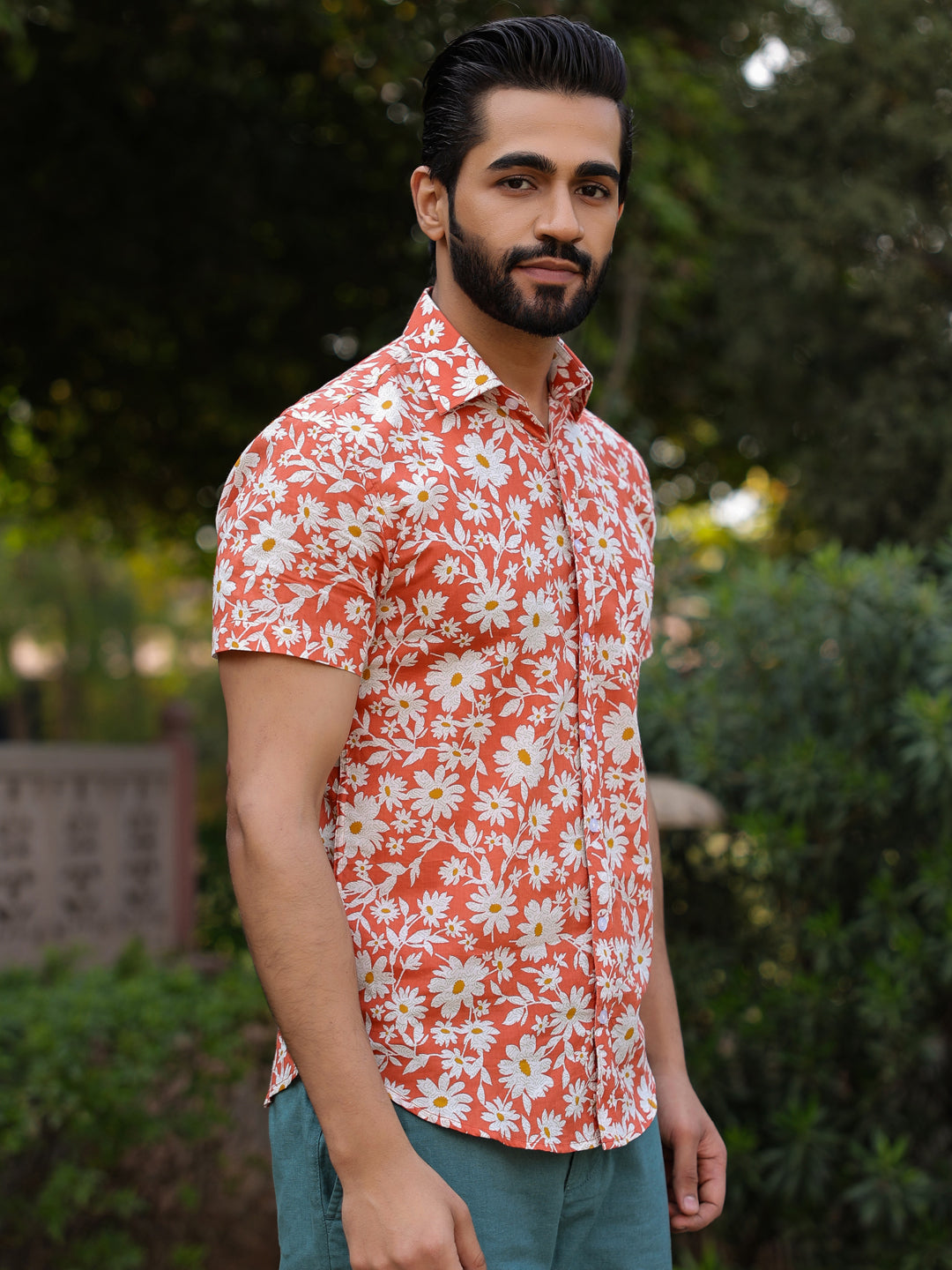 Men's Floral Print Pure Cotton Orange Casual Shirt