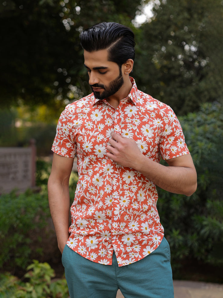 Men's Floral Print Pure Cotton Orange Casual Shirt