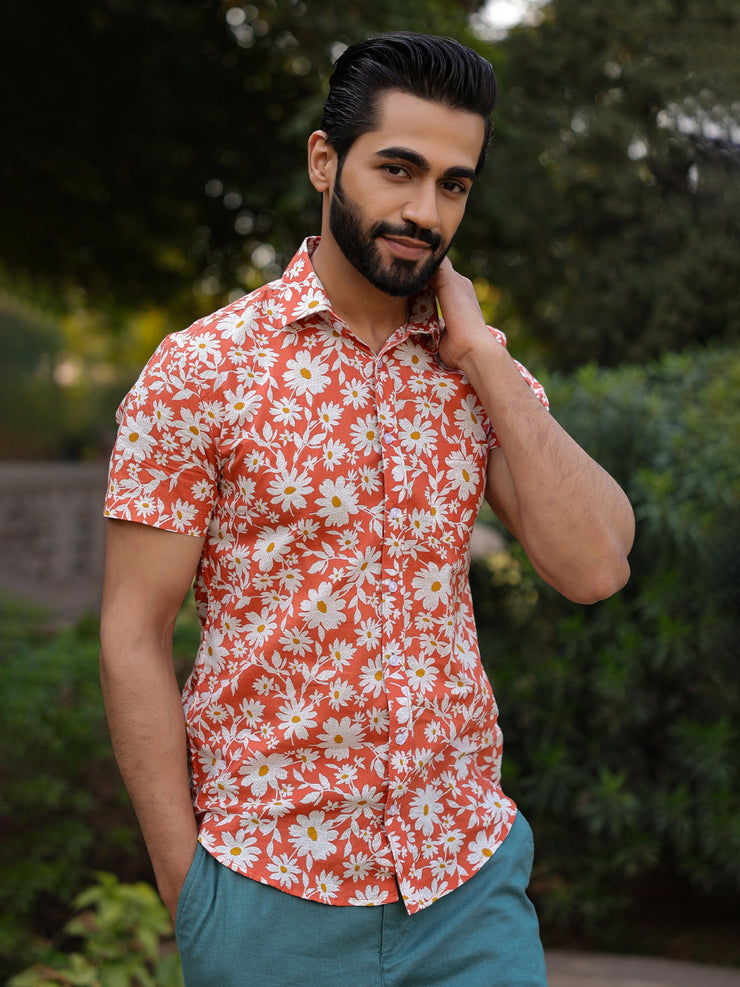 Men's Floral Print Pure Cotton Orange Casual Shirt
