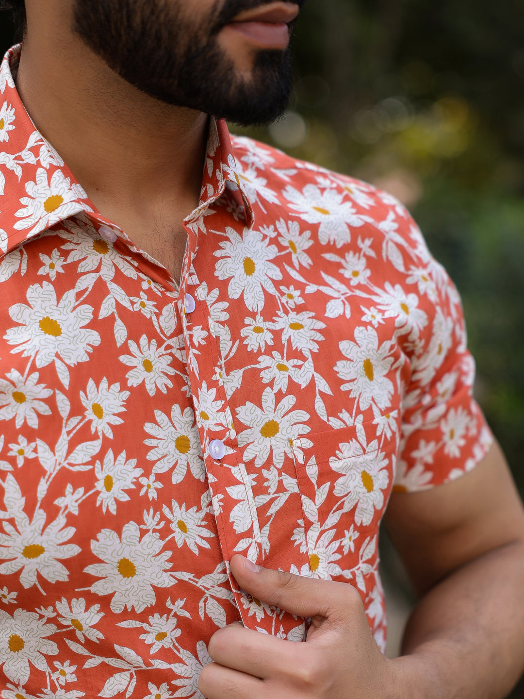 Men's Floral Print Pure Cotton Orange Casual Shirt