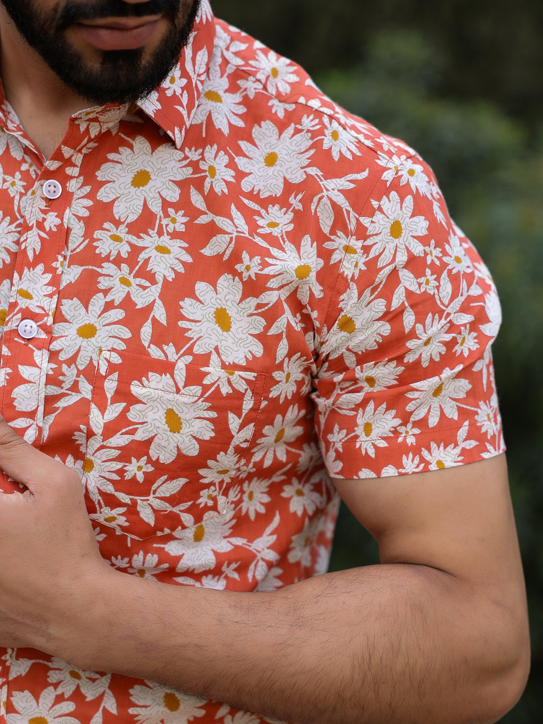 Men's Floral Print Pure Cotton Orange Casual Shirt