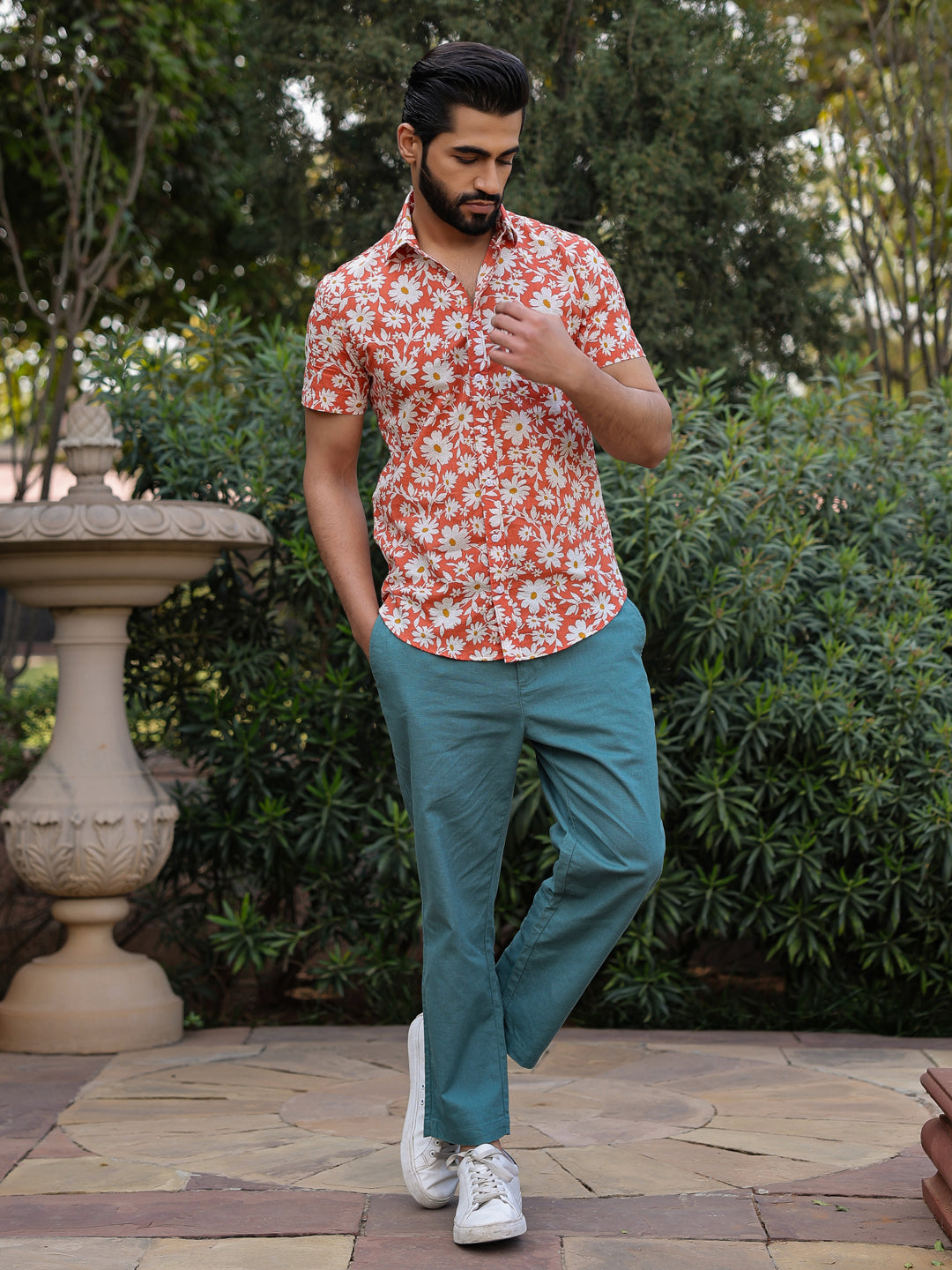 Men's Floral Print Pure Cotton Orange Casual Shirt