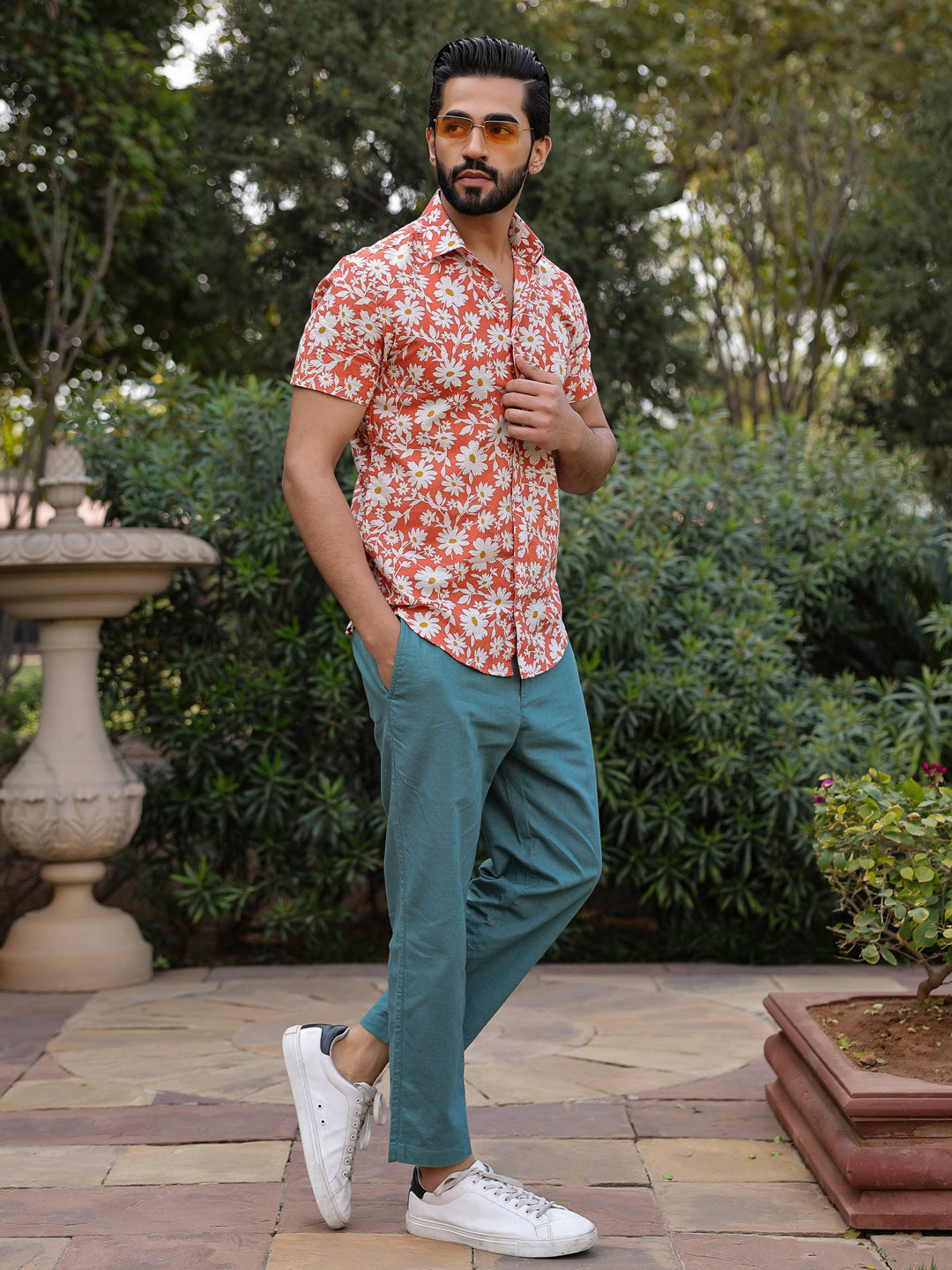 Men's Floral Print Pure Cotton Orange Casual Shirt