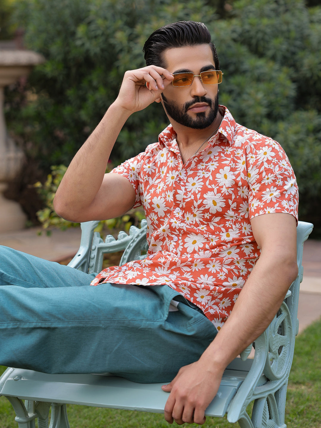 Men's Floral Print Pure Cotton Orange Casual Shirt