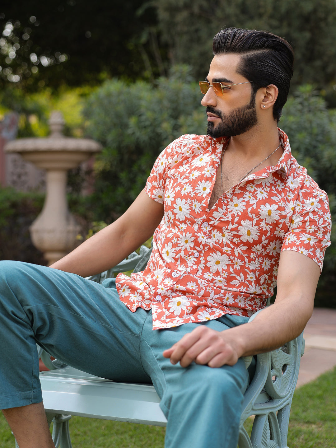 Men's Floral Print Pure Cotton Orange Casual Shirt
