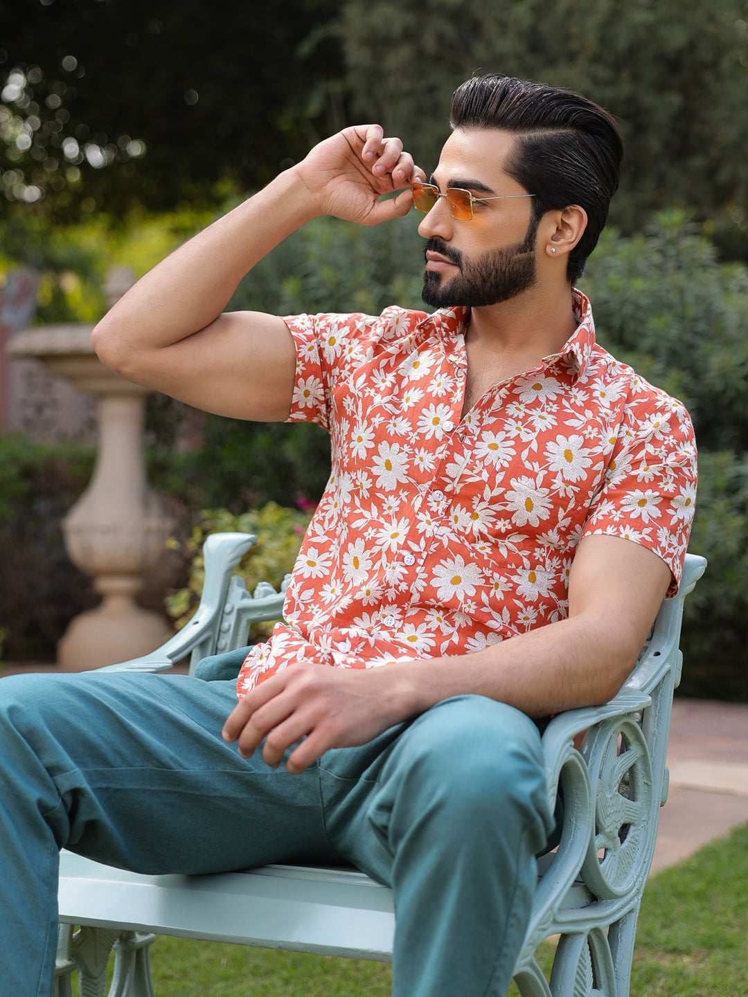Men's Floral Print Pure Cotton Orange Casual Shirt