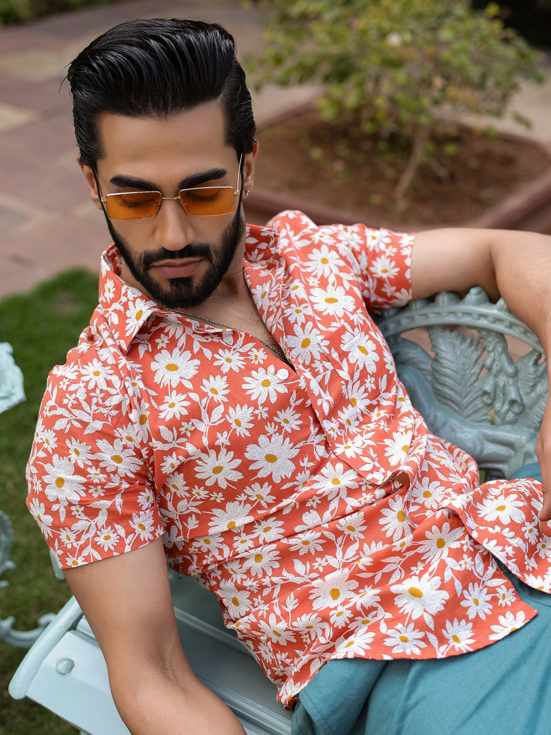 Men's Floral Print Pure Cotton Orange Casual Shirt