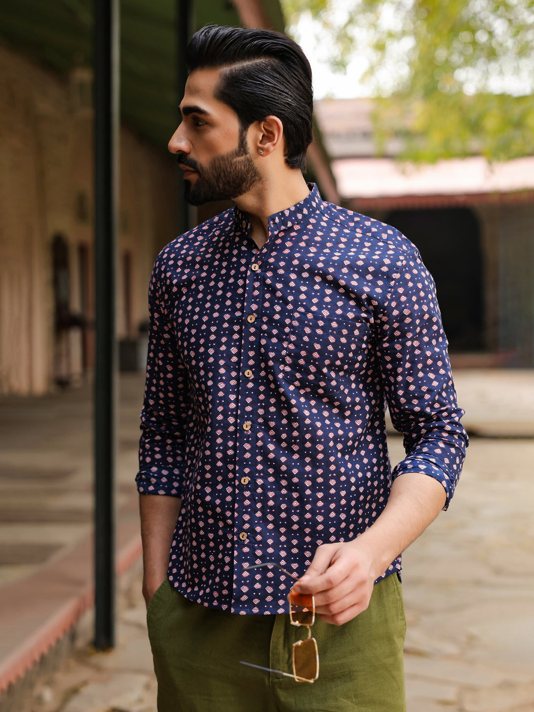 Men's Pure Cotton Navy Blue Casual Shirt