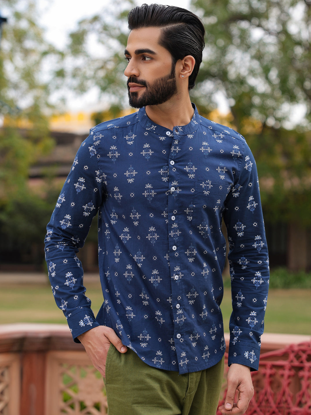 Men's Ethnic Print Pure Cotton Navy Blue Casual Shirt - SanskrutiHomes 