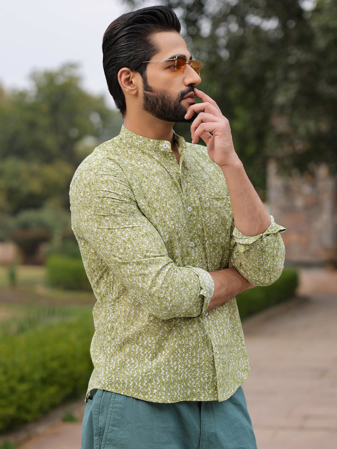 Men's Pure Cotton Green Casual Shirt - SanskrutiHomes 
