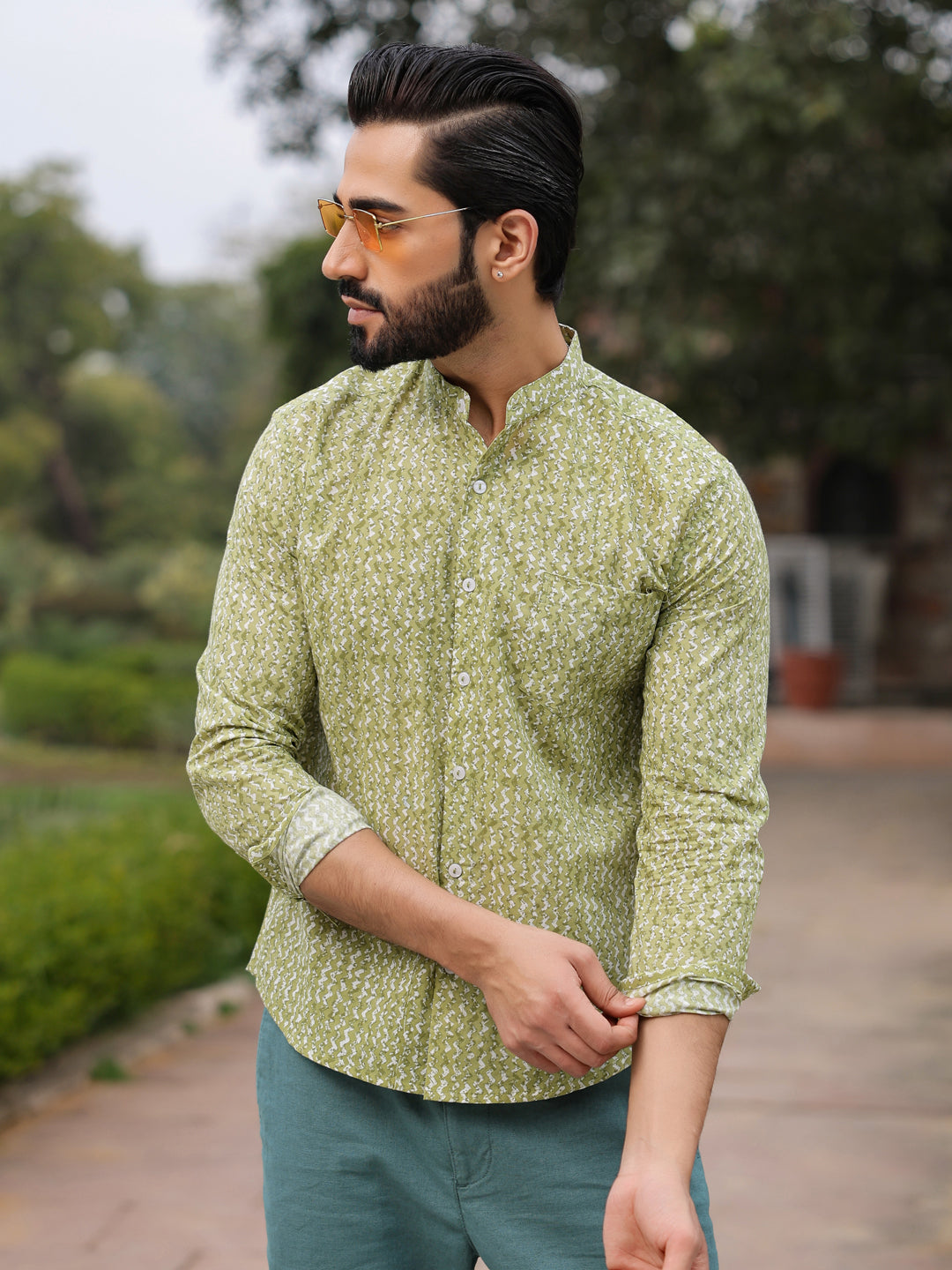 Men's Pure Cotton Green Casual Shirt - SanskrutiHomes 