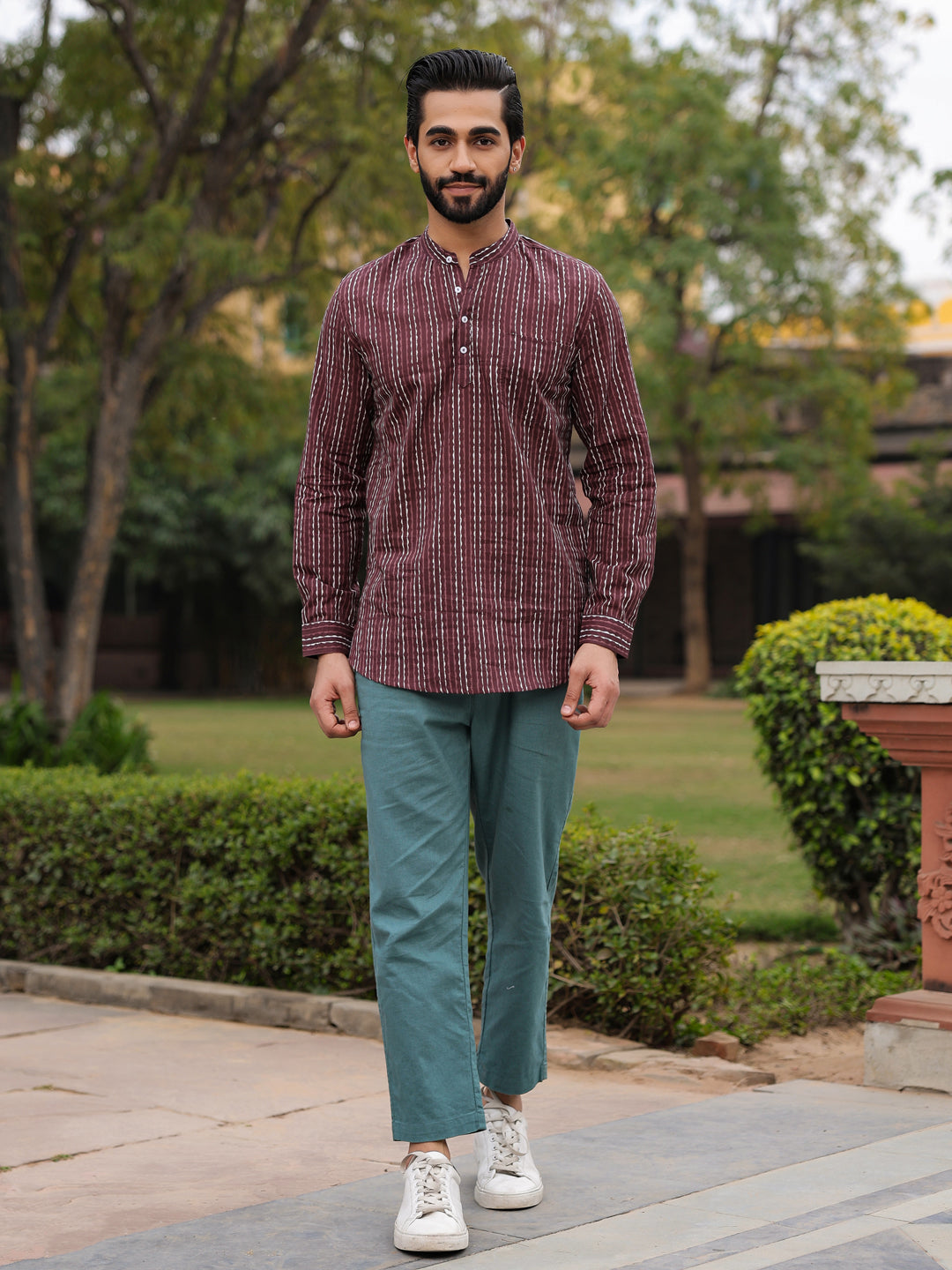 Men's Striped Pure Cotton Brown Printed Kurta