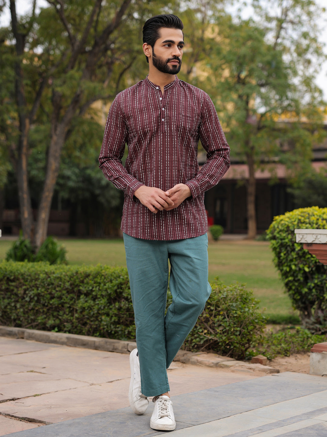 Men's Striped Pure Cotton Brown Printed Kurta