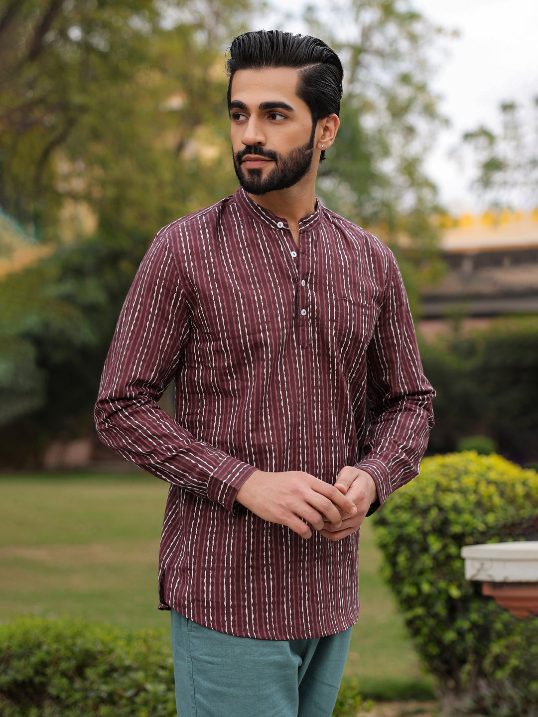 Men's Striped Pure Cotton Brown Printed Kurta