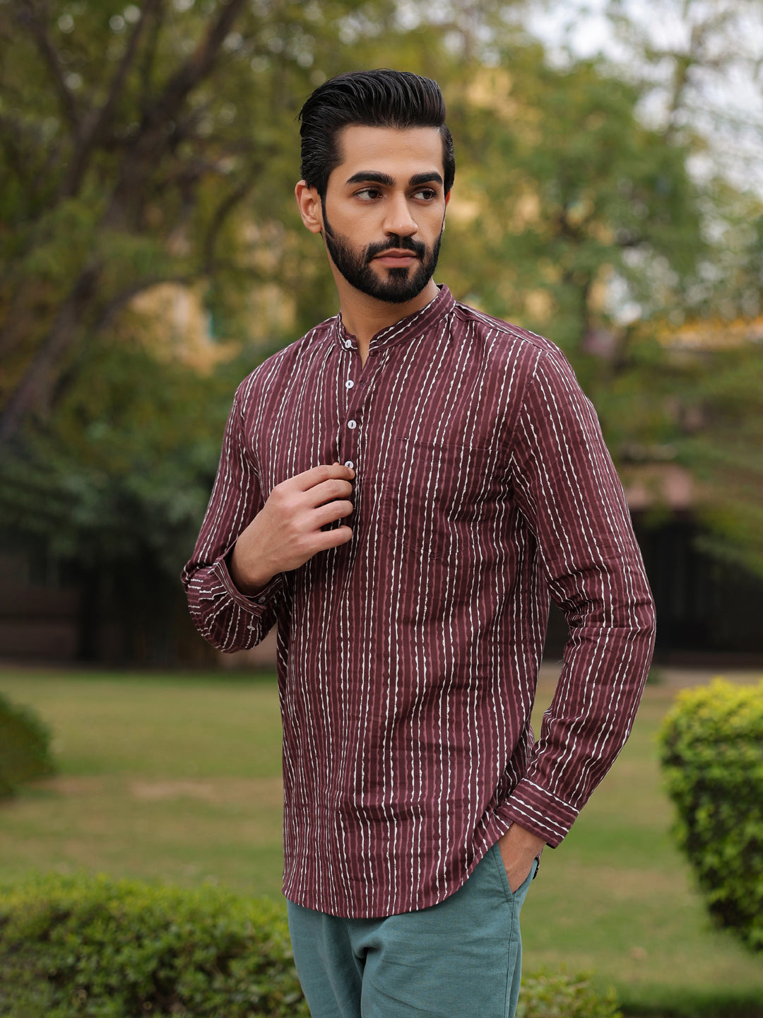 Men's Striped Pure Cotton Brown Printed Kurta