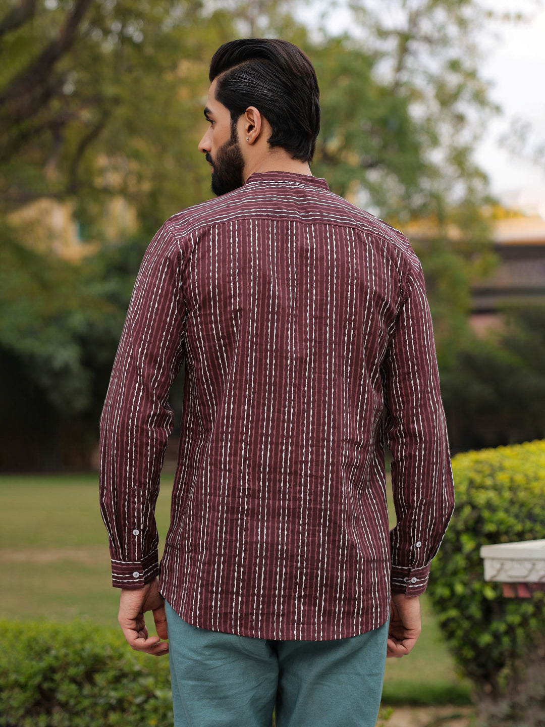 Men's Striped Pure Cotton Brown Printed Kurta