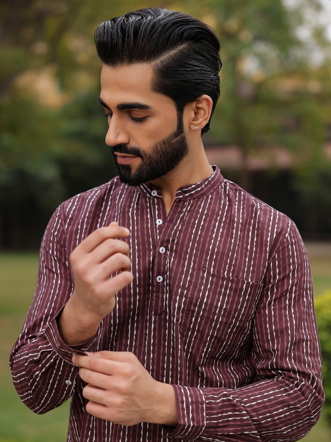 Men's Striped Pure Cotton Brown Printed Kurta