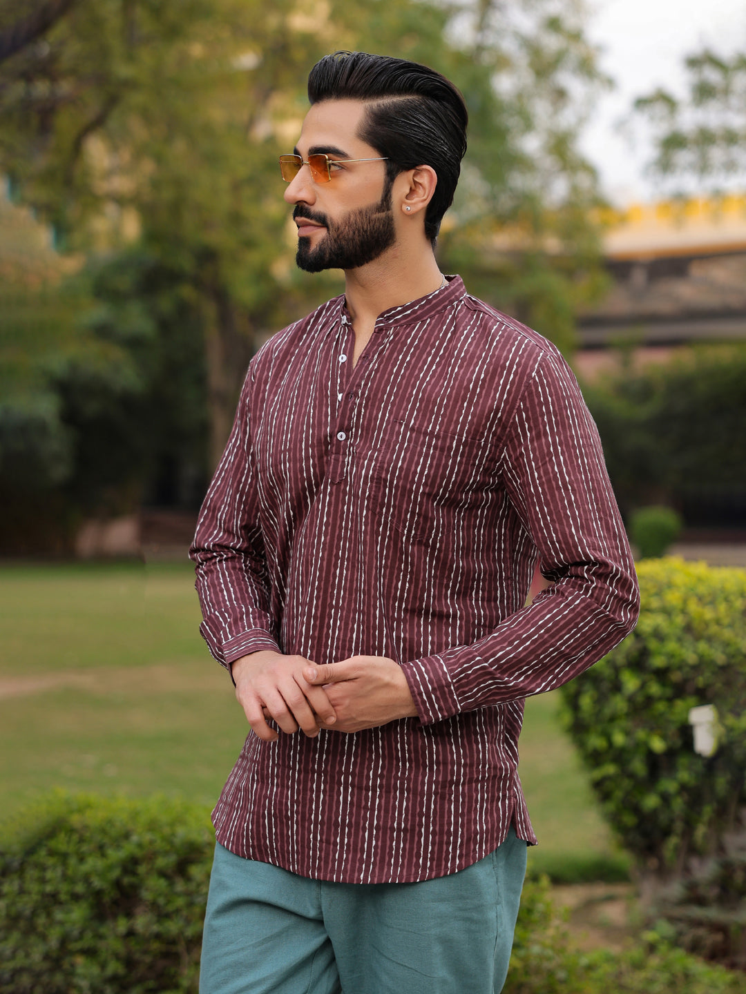 Men's Striped Pure Cotton Brown Printed Kurta