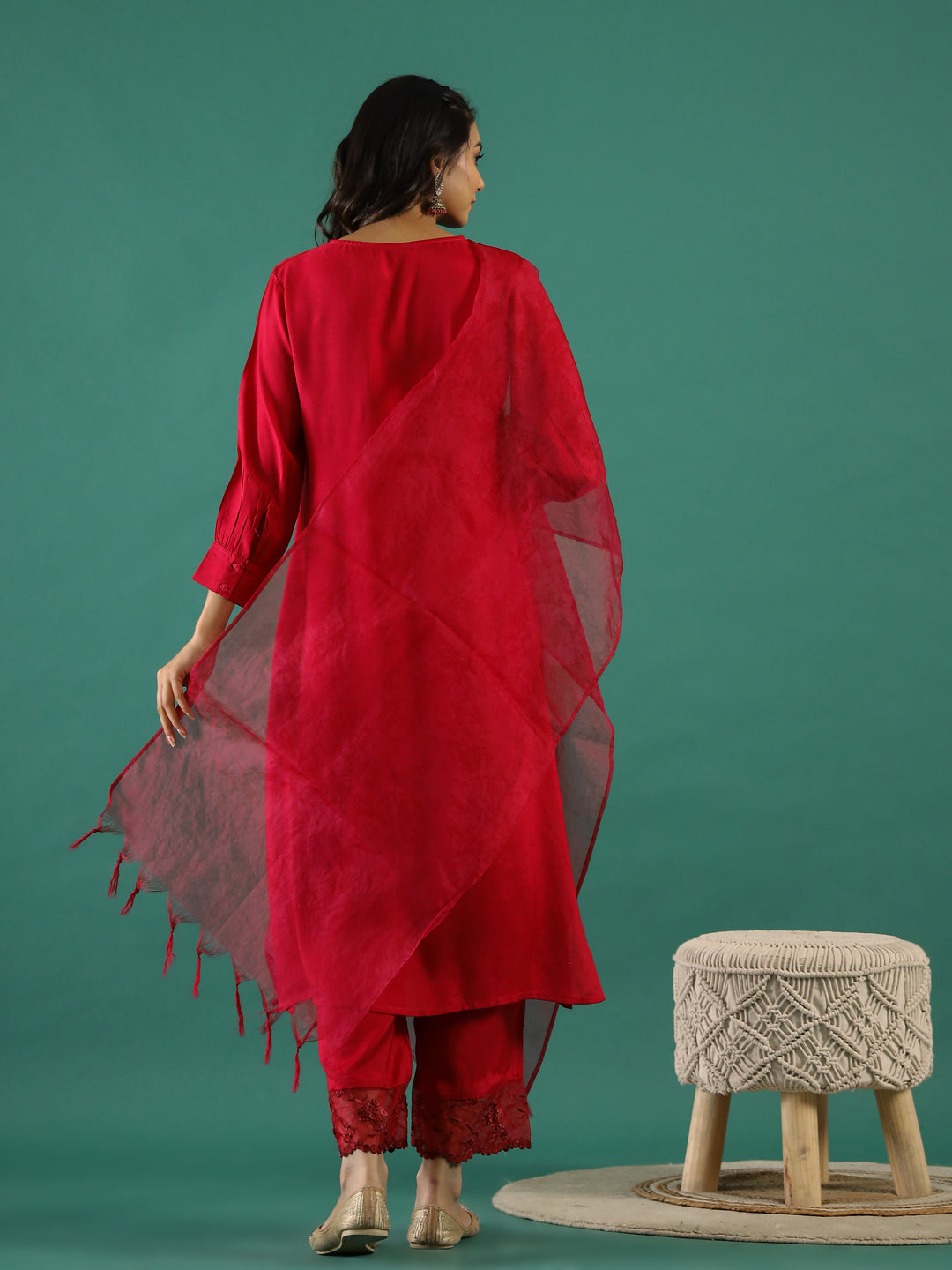 V-Neck Sequinned Straight Red Kurta With Trousers