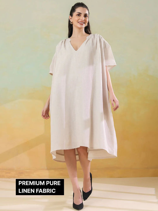 White Color Linen Blend V-Neck Dress for Women