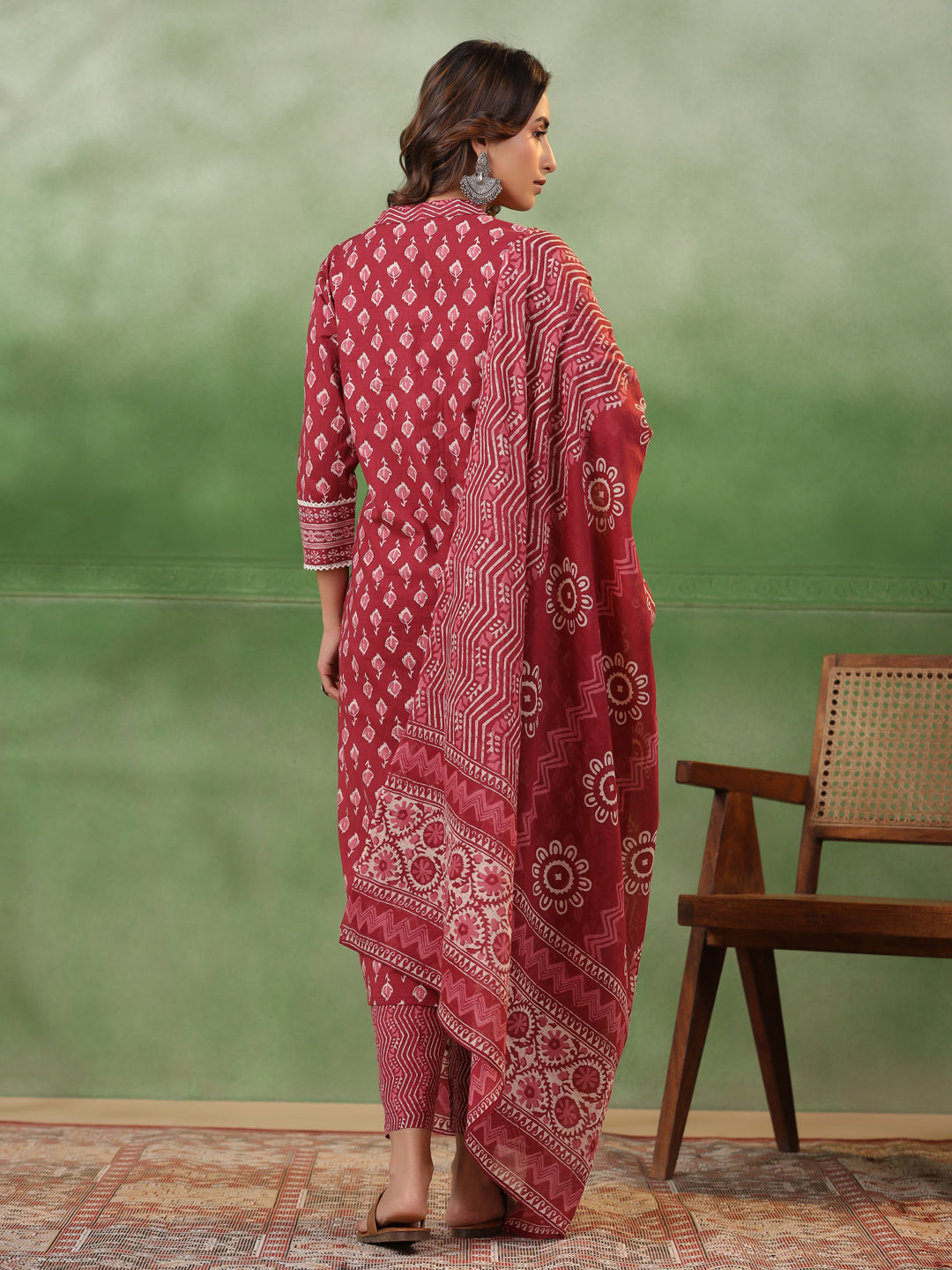 Red Floral Printed Kurta Set with Dupatta