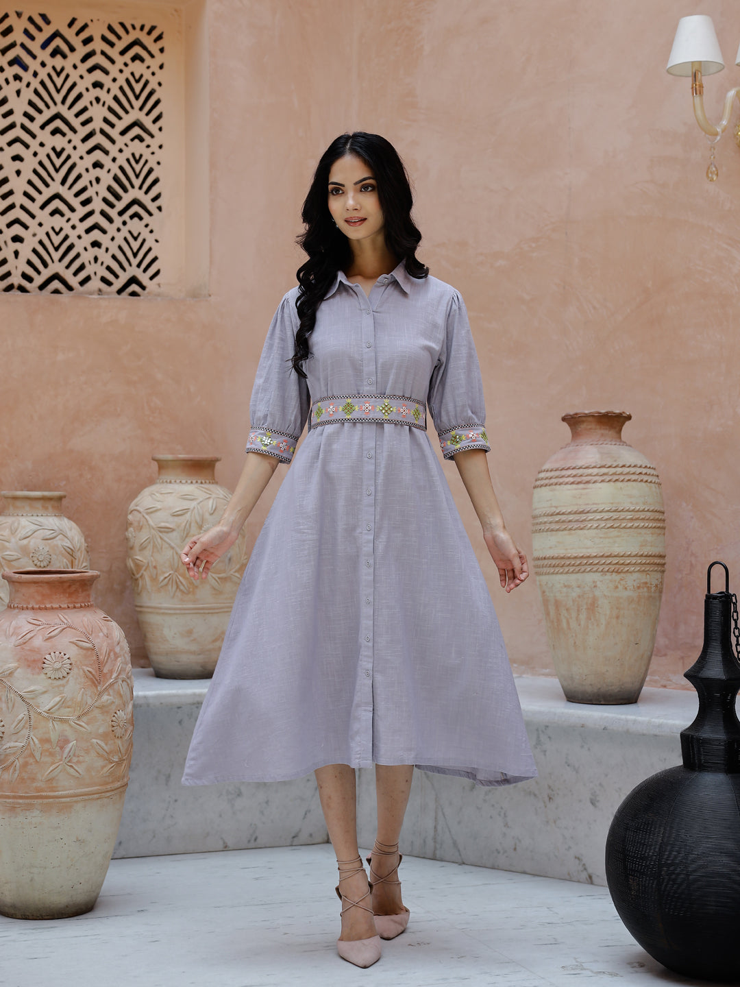 Solid Print Cotton Shirt Collar Dress