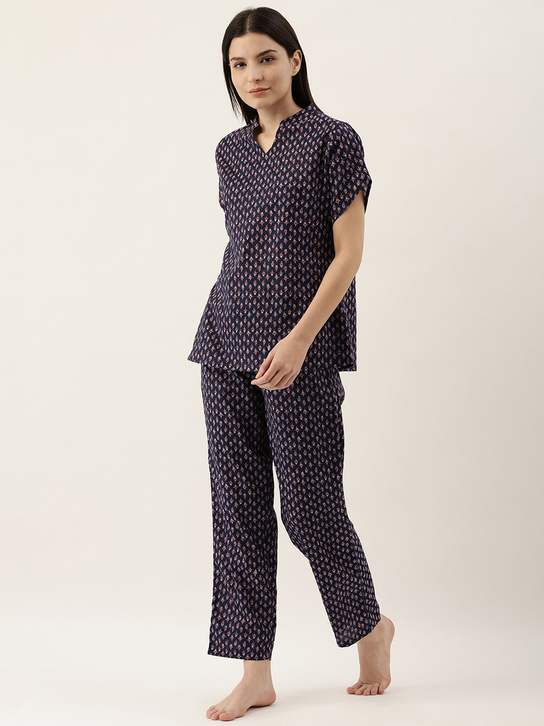 Navy Blue Round Neck Ethnic Motif Pure Cotton Night Suit Set For Women