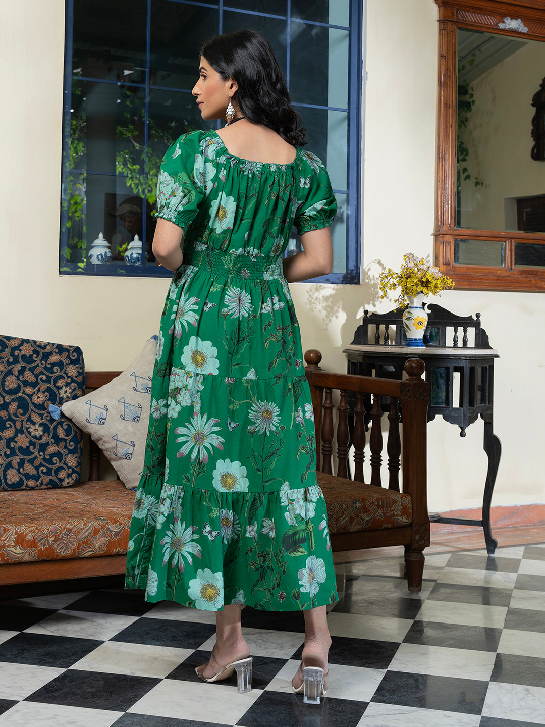 Green Floral Printed Square Neck Cotton Tiered Fit and Flare Ethnic Dress For Women