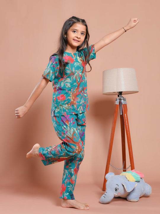 Blue Floral Printed Round Neck Kids Night Suit